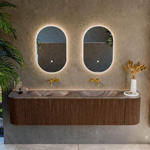 MONDIAZ KURVE-DLUX Meuble de salle de bains 190cm arrondi Gauche + Droite couleur Walnut avec 2 tiroirs et 2 portes. Plan vasque STOR SMALL Double sans trou de robinet Sombra. SW1433708