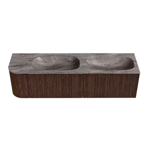 MONDIAZ KURVE-DLUX Meuble de salle de bains 165cm arrondi à gauche couleur Walnut avec 2 tiroirs et 1 porte. Plan vasque STOR SMALL Double / Droite 2 trous de robinet Oza. SW1432510