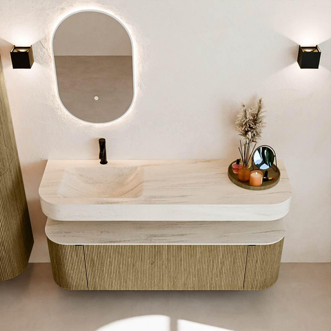 MONDIAZ THOR-DLUX 150cm meuble de salle de bains arrondi gauche + droite couleur Dusk avec 1 tiroir et 2 portes. Vasque suspendue CLOUD Gauche 1 trou de robinet couleur Meli. SW1464760