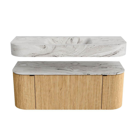 MONDIAZ THOR-DLUX 120cm badmeubel ronding links + rechts kleur Oak met 1 lade en 2 deuren. Vrijhangende wastafel CLOUD Midden 1 kraangat kleur Glace. SW1463055