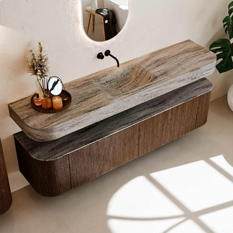 MONDIAZ THOR-DLUX Meuble de salle de bains - 190cm - arrondi gauche + droite - couleur Walnut - 2 tiroirs et 2 portes - Vasque suspendue CLOUD Milieu sans trou de robinet - couleur Oza SW1466793