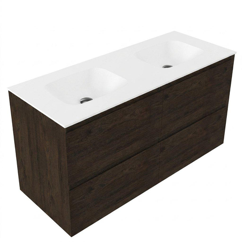 Saniclass Holz Pure Badkamermeubelset - 120x45x61.5cm - Flow solid surface wastafel wit - 2 wasbakken - zonder kraangaten - 4 lades - mat eiken charcoal (hout) SW1478417