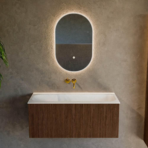 MONDIAZ KURVE Meuble de salle de bains 100 cm couleur Walnut avec 1 tiroir. Lavabo BIG MEDIUM centré sans trou de robinet Talc. SW1138277