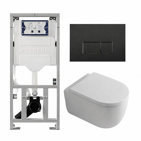 QeramiQ Dely Swirl Toiletset - 36.3x51.7cm - Geberit UP320 inbouwreservoir - met Burda frame - 35mm zitting - mat zwarte bedieningsplaat - rechthoekige knoppen - glans wit SW1138660
