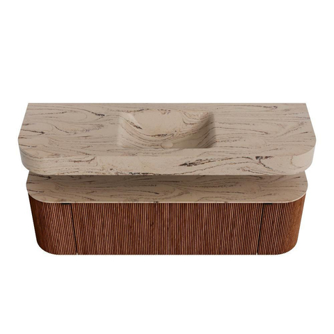 MONDIAZ THOR-DLUX 150cm meuble de salle de bains arrondi gauche + droite couleur Ruby avec 1 tiroir et 2 portes. Vasque suspendue CLOUD Milieu 1 trou de robinet couleur Arena. SW1464761