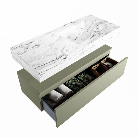 Mondiaz ALAN-DLUX Ensemble de meuble - 110cm - meuble Army mat - 1 tiroir - Lavabo Cloud Glace suspendu - vasque Droite - 0 trous de robinet SW806160