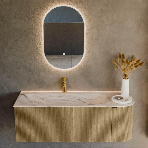 MONDIAZ KURVE-DLUX meuble de salle de bains 125 cm arrondi à droite couleur Dusk avec 1 tiroir et 1 porte. Lavabo BIG MEDIUM à gauche 1 trou de robinet Nata. SW1432397
