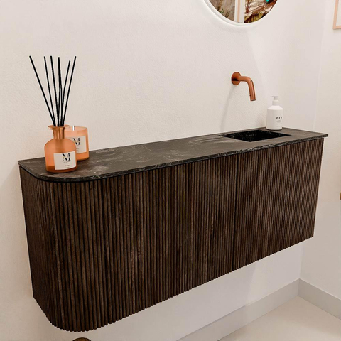 Mondiaz JOYA-DLUX 101.6cm meuble de salle de bains - arrondi gauche couleur Walnut - Vasque FAYE position Droite Sans trou de robinet couleur Lava. SW1422515