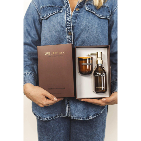Wellmark Discover giftset - handzeep en geurkaars - bamboo - bruin glas SHOWROOMMODEL SHOW26734