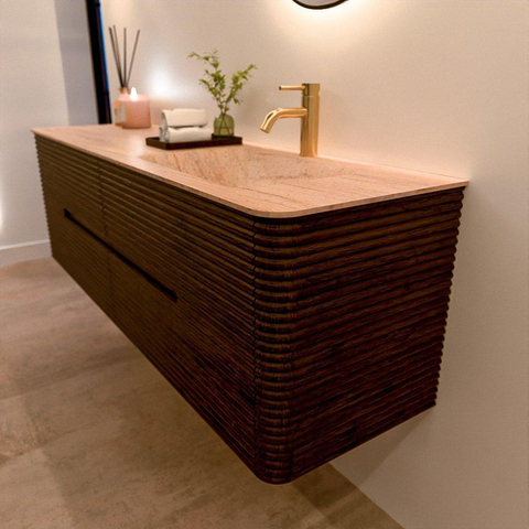 Mondiaz CIRO-DLUX Badkamermeubelset - 160x45x50cm - Solid surface wastafel Saba - 1 wasbak Rechts - 1 kraangat - 4 lades - Walnut SW1530699