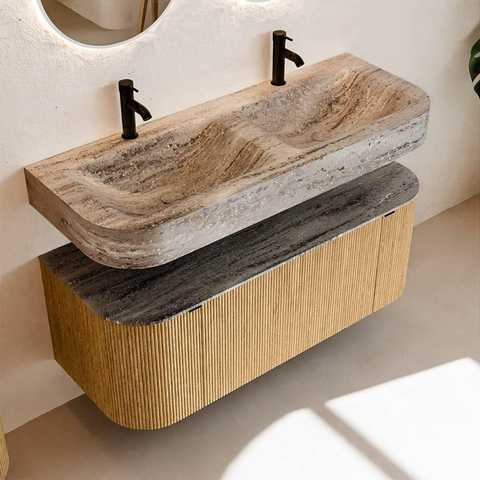 MONDIAZ THOR-DLUX 120cm meuble de salle de bains arrondi gauche + droite couleur Oak avec 1 tiroir et 2 portes. Vasque suspendue CLOUD Double 2 trous de robinet couleur Oza. SW1463395
