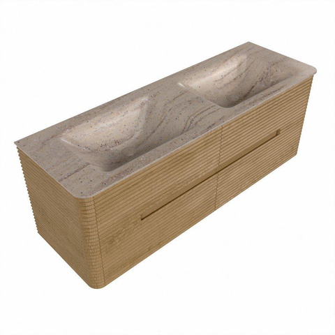 Mondiaz CIRO-DLUX Ensemble de meubles de salle de bains - 140x45x50cm - Plan vasque solid surface Saba - 2 vasques double - 2 trous de robinetterie - 4 tiroirs - Chêne SW1531201