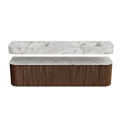 MONDIAZ THOR-DLUX 180cm meuble de salle de bains arrondi gauche + droite couleur Walnut avec 2 tiroirs et 2 portes. Vasque suspendue CLOUD Double sans trou de robinet couleur Glace. SW1465937