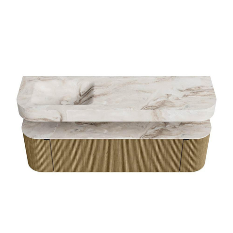 MONDIAZ THOR-DLUX 160cm meuble de salle de bains arrondi gauche + droite couleur Dusk avec 1 tiroir et 2 portes. Vasque suspendue CLOUD gauche sans trou de robinet couleur Frappe. SW1465037