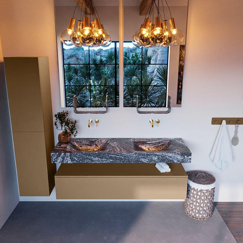 Mondiaz ALAN-DLUX Ensemble de meuble - 150cm - meuble Oro mat - 1 tiroir - Lavabo Cloud Lava suspendu - vasque Gauche et droite - 0 trous de robinet SW808373