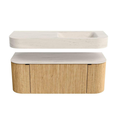 MONDIAZ THOR-DLUX Meuble de salle de bains 120cm arrondi gauche + droite couleur Oak avec 1 tiroir et 2 portes. Vasque suspendue CLOUD Droite sans trou de robinet couleur Meli. SW1463303