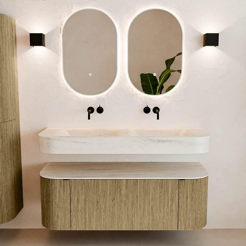 MONDIAZ THOR-DLUX 130cm meuble de salle de bains arrondi gauche + droite couleur Dusk avec 1 tiroir et 2 portes. Vasque suspendue CLOUD Double sans trou de robinet couleur Meli. SW1463860