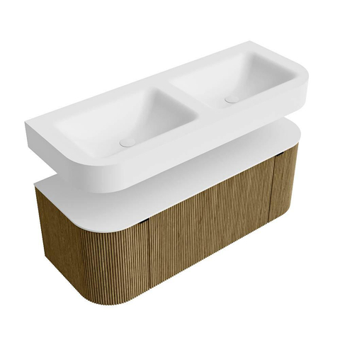 MONDIAZ THOR Meuble de salle de bains 120cm arrondi gauche + droite couleur Dusk avec 1 tiroir et 2 portes. Vasque suspendue CLOUD Double 2 trous de robinet couleur Talc. SW1463239