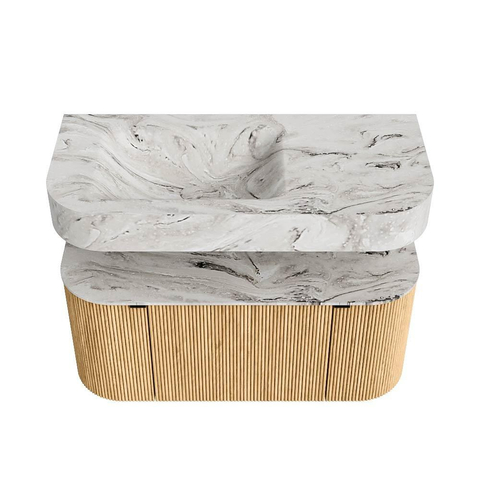 MONDIAZ THOR-DLUX 100cm badmeubel ronding links + rechts kleur Oak met 1 lade en 2 deuren. Vrijhangende wastafel CLOUD Links zonder kraangat kleur Glace. SW1467301