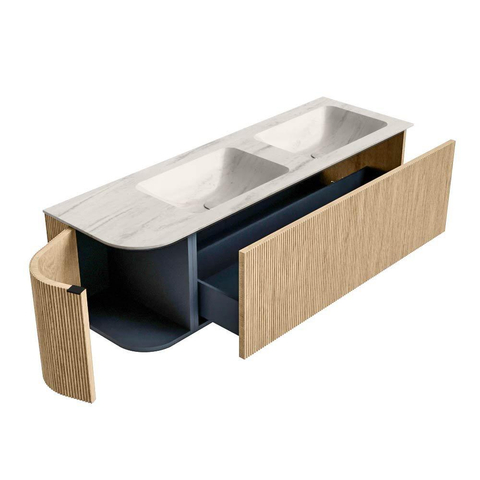 MONDIAZ KURVE-DLUX Meuble de salle de bains 145cm courbure gauche couleur Chêne avec 1 tiroir et 1 porte. Lavabo LEAF Double / Droite sans trou de robinet Meli. SW1431655