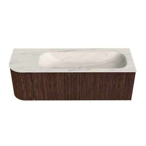 MONDIAZ KURVE-DLUX 135cm badmeubel ronding Links kleur Walnut met 1 lade en 1 deur. Wastafel BIG MEDIUM Rechts zonder kraangat Meli. SW1431704