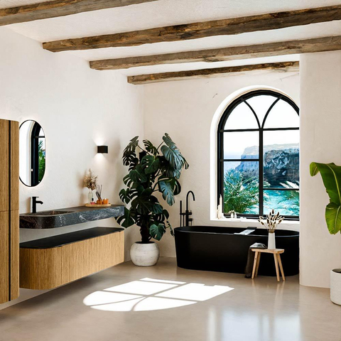MONDIAZ THOR-DLUX 170cm badmeubel ronding links + rechts kleur Oak met 1 lade en 2 deuren. Vrijhangende wastafel CLOUD Links 1 kraangat kleur Lava. SW1465456