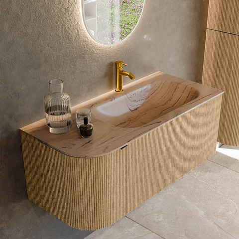 MONDIAZ KURVE-DLUX 105cm badmeubel ronding Links kleur Oak met 1 lade en 1 deur. Wastafel BIG SMALL Rechts 1 kraangat Arena. SW1431103