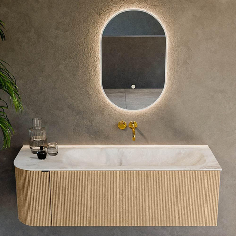 MONDIAZ KURVE-DLUX meuble de salle de bains 135cm avec module 25 L couleur chêne avec 1 tiroir et 1 porte. Lavabo BIG MEDIUM à droite sans trou de robinet couleur Frappe. SW1137354