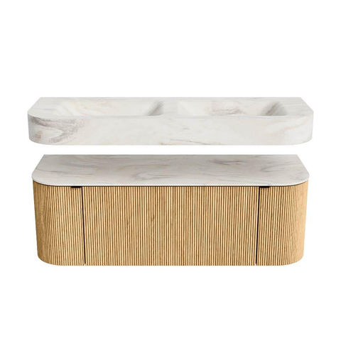 MONDIAZ THOR-DLUX 130cm meuble de salle de bains arrondi gauche + droite couleur Oak avec 1 tiroir et 2 portes. Vasque suspendue CLOUD Double sans trou de robinet couleur Ostra. SW1463558