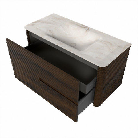 Mondiaz CIRO-DLUX Meuble de salle de bains - 100x45x50cm - vasque solid surface Frappe - 1 lavabo au milieu - sans trous de robinet - 2 tiroirs - Noyer SW1530275