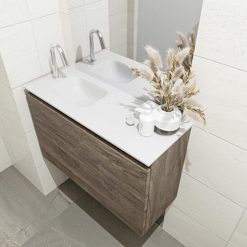 MONDIAZ OLAN Toiletmeubel 80x30x40cm met 1 kraangaten 1 lades dark brown mat Wastafel Lex links Solid Surface Wit SW473494