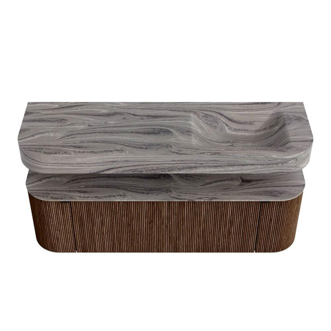 MONDIAZ THOR-DLUX 150cm meuble de salle de bains arrondi gauche + droite couleur Walnut avec 1 tiroir et 2 portes. Vasque suspendue CLOUD droite sans trou de robinet couleur Sombra. SW1464937