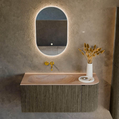 MONDIAZ KURVE-DLUX Meuble de salle de bains 105cm arrondi à droite couleur Shadow avec 1 tiroir et 1 porte. Lavabo BIG SMALL à gauche sans trou de robinetterie Saba. SW1433416