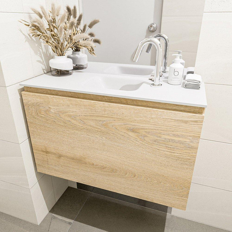 MONDIAZ OLAN Fonteinset - 80x30x40cm - 1 kraangat - 1 lade - washed oak mat - wasbak midden - Solid Surface Wit SW473453