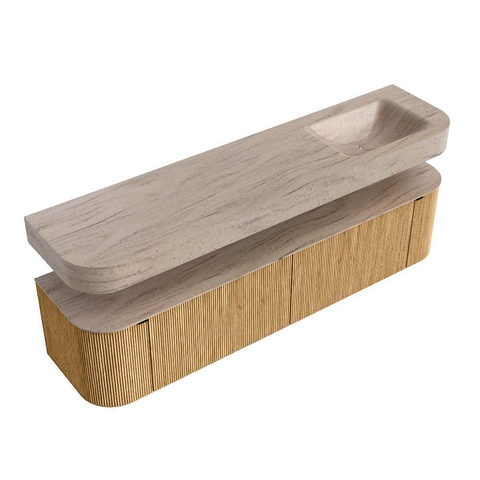 MONDIAZ THOR-DLUX 190cm meuble de salle de bains arrondi gauche + droite couleur Oak avec 2 tiroirs et 2 portes. Vasque suspendue CLOUD Droite sans trou de robinet couleur Saba. SW1466639