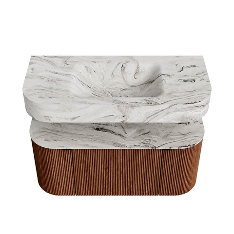 MONDIAZ THOR-DLUX 100cm meuble de salle de bains arrondi gauche + droite couleur Ruby avec 1 tiroir et 2 portes. Vasque suspendue CLOUD Milieu 1 trou de robinet couleur Glace. SW1467409