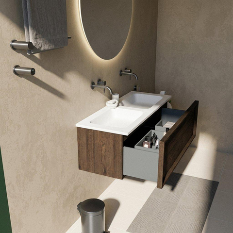 Saniclass Holz Frame Badkamermeubelset - 120x45x57.5cm - Torino solid surface wastafel wit - zonder kraangat - 1 lade - mat eiken charcoal (hout) SW1478671