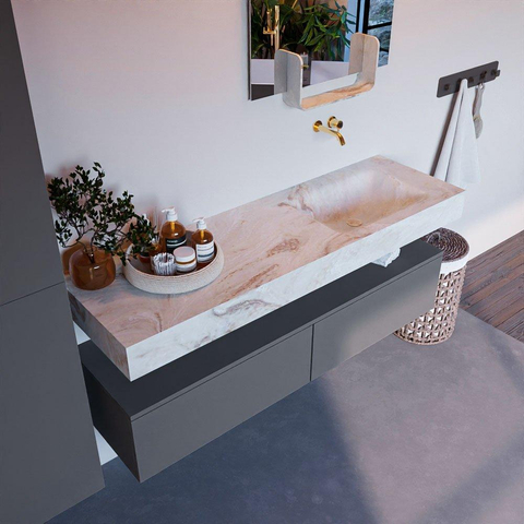 Mondiaz ALAN-DLUX Ensemble de meuble - 150cm - meuble Plata mat - 2 tiroirs - Lavabo Cloud Frappe suspendu - vasque Droite - 0 trous de robinet SW805060