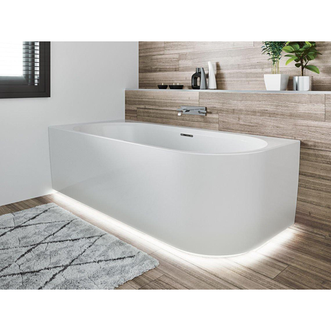 Riho Desire baignoire d'angle - 184x84cm - Installation d'angle gauche - avec plinthe LED - avec remplisseur de baignoire chromé - Acrylique blanc brillant SW412204
