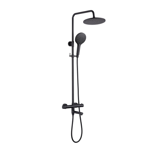 FugaFlow Eccelente Sobrado Ensemble de douche pluie - thermostatique - douche de tête 25 cm - flexible métallique - douchette ronde - bec de baignoire pivotant - noir mat SW1592799