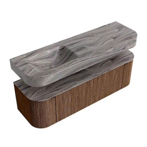 MONDIAZ THOR-DLUX 150cm meuble de salle de bains arrondi gauche + droite couleur Walnut avec 1 tiroir et 2 portes. Vasque suspendue CLOUD Gauche 1 trou de robinet couleur Sombra. SW1464913