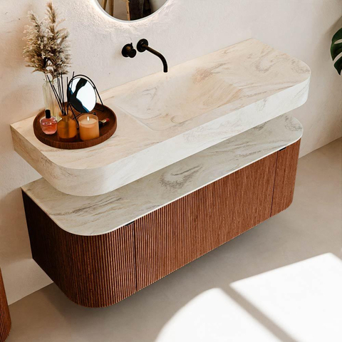 MONDIAZ THOR-DLUX 130cm meuble de salle de bains arrondi gauche + droite couleur Ruby avec 1 tiroir et 2 portes. Vasque suspendue CLOUD Milieu sans trou de robinet couleur Ostra. SW1463718