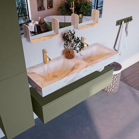 Mondiaz ALAN-DLUX Ensemble de meuble - 130cm - meuble Army mat - 1 tiroir - Lavabo Cloud Frappe suspendu - vasque Gauche et droite - 2 trous de robinet SW805570