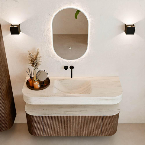 MONDIAZ THOR-DLUX Meuble de salle de bains 130cm arrondi gauche + droite couleur Walnut avec 1 tiroir et 2 portes. Vasque suspendue CLOUD Milieu sans trou de robinet couleur Meli. SW1463846