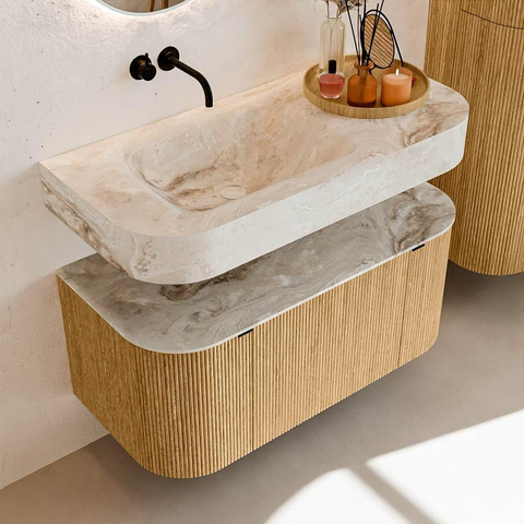 MONDIAZ THOR-DLUX 100cm badmeubel ronding links + rechts kleur Oak met 1 lade en 2 deuren. Vrijhangende wastafel CLOUD Links zonder kraangat kleur Frappe. SW1467303