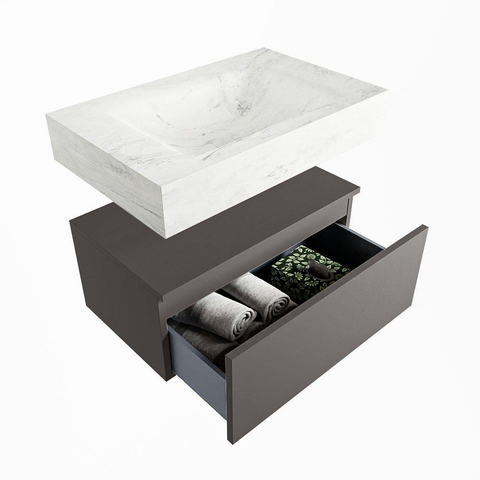Mondiaz ALAN-DLUX Ensemble de meuble - 70cm - meuble Dark grey mat - 1 tiroir - Lavabo Cloud Opalo suspendu - vasque Centre - 1 trou de robinet SW806374