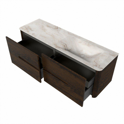Mondiaz CIRO-DLUX Ensemble de meubles de salle de bains - 150x45x50cm - Plan vasque solid surface Frappe - 1 vasque à droite - sans trous de robinet - 4 tiroirs - Noyer SW1530202