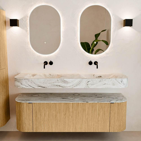 MONDIAZ THOR-DLUX 150cm badmeubel ronding links + rechts kleur Oak met 1 lade en 2 deuren. Vrijhangende wastafel CLOUD Dubbel zonder kraangat kleur Glace. SW1464653