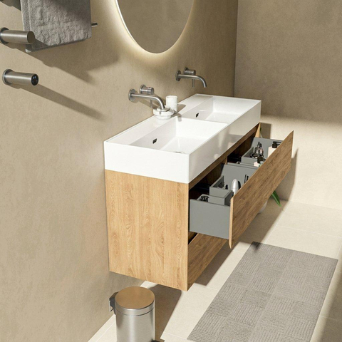 Saniclass Holz Pure Badkamermeubelset - 120x45x72cm - Legend keramische wastafel wit - 2 wasbakken - zonder kraangaten - 4 lades - mat eiken natural (hout) SW1478513