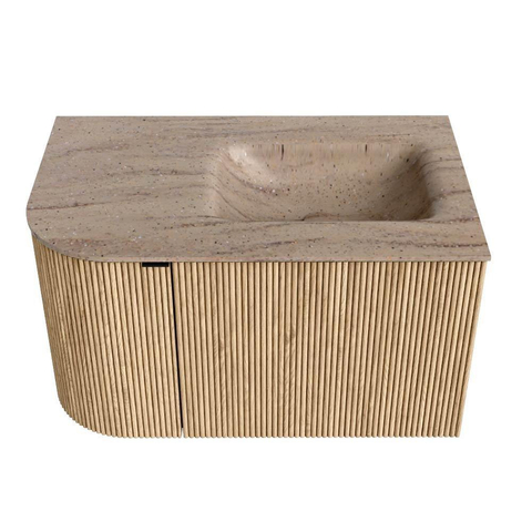 MONDIAZ KURVE-DLUX Meuble de salle de bains 75cm arrondi gauche couleur Oak avec 1 tiroir et 1 porte. Lavabo GRUNNE droit 1 trou de robinet Saba. SW1433043